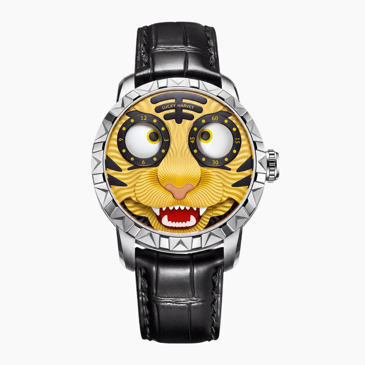 Lucky Harvey Tiger Gold — Front view of the yellow tiger face, its eyes showing the hours and minutes, 40mm steel case with spiked bezel on black leather strap, available at IFL Watches.