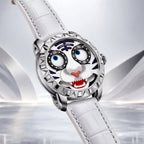 Lucky Harvey Tiger White — Angled view on the white leather strap, available at IFL Watches.