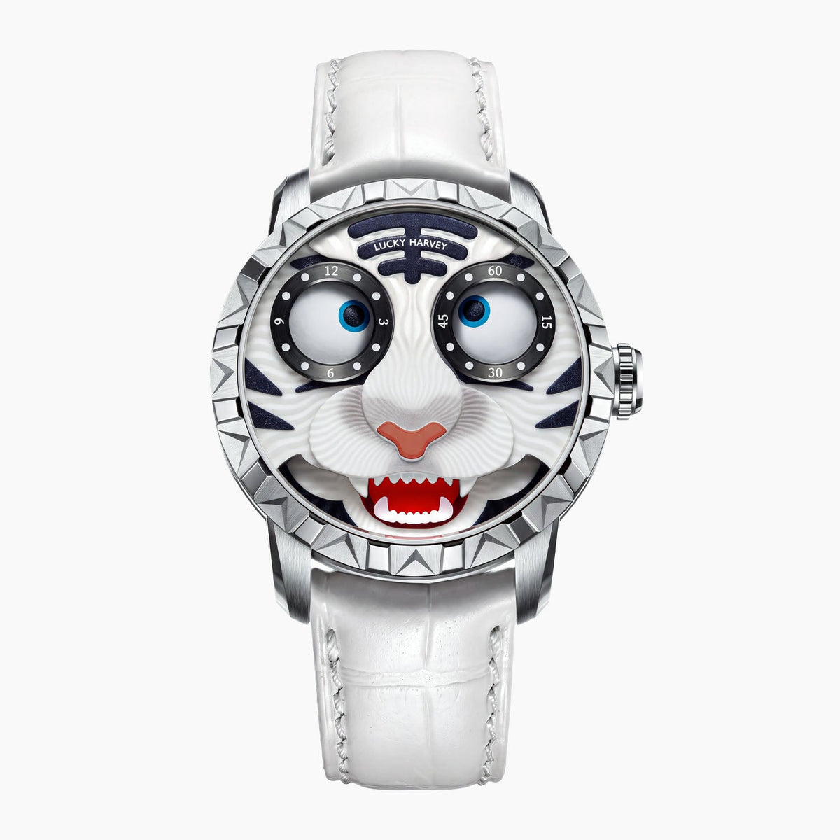Lucky Harvey Tiger White — Front view of the white tiger face, its eyes showing the hours and minutes, 40mm steel case with spiked bezel on white leather strap, available at IFL Watches.