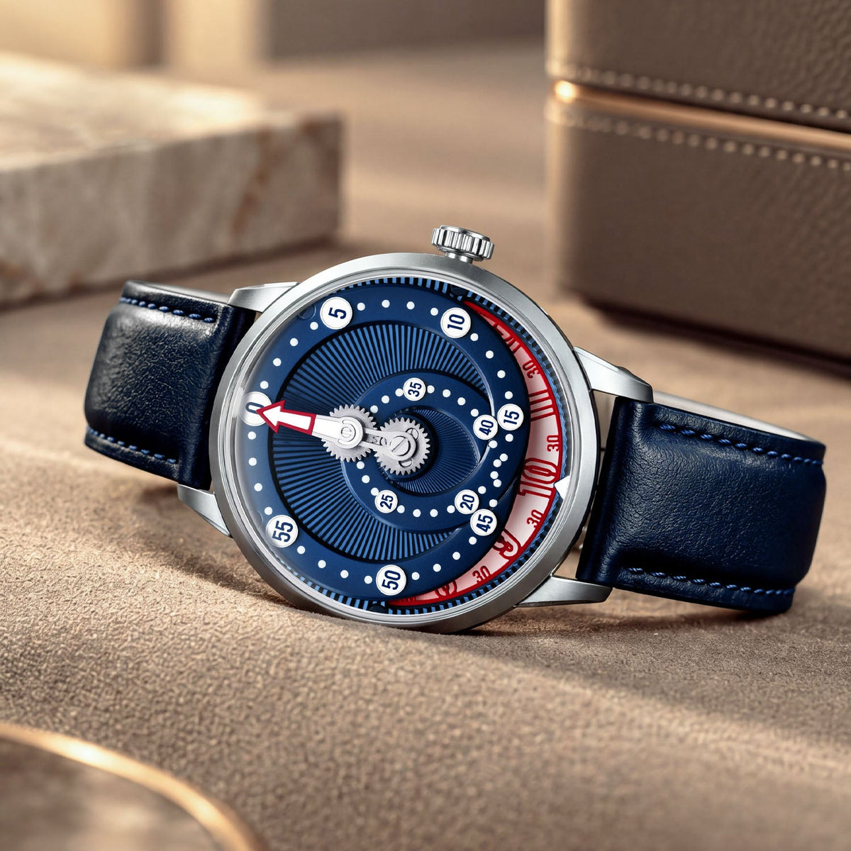 Mandetbrote Orbital Blue Kiss — Lying on fabric beside a leather box, seen in three-quarter view, available at IFL Watches.