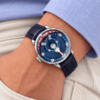 Mandetbrote Orbital Blue Kiss — Worn on wrist with a hand in pocket, seen from a relaxed angle, available at IFL Watches.