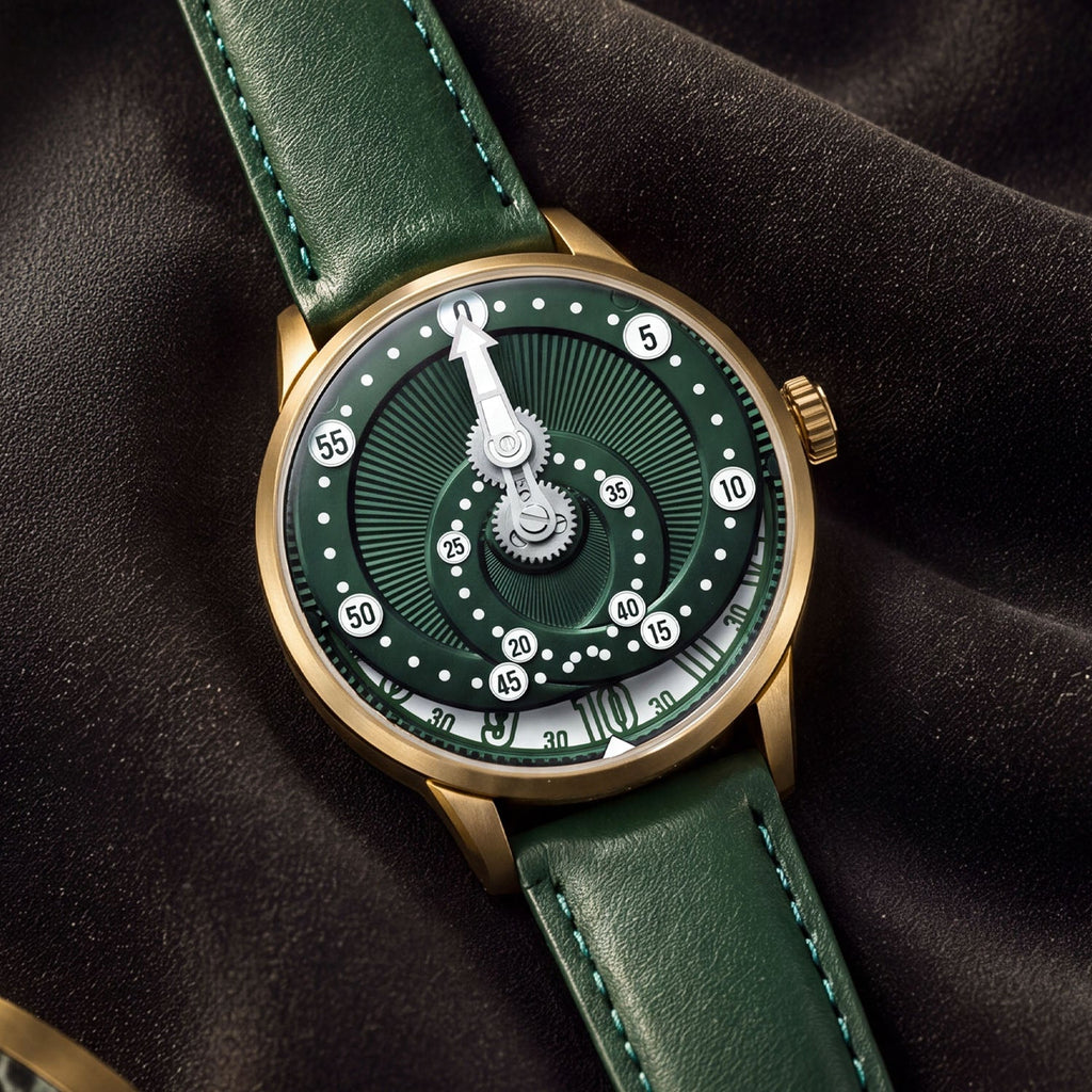 Mandetbrote Orbital Bronze Crush — Resting on dark fabric, showing the bronze case and crown, available at IFL Watches.