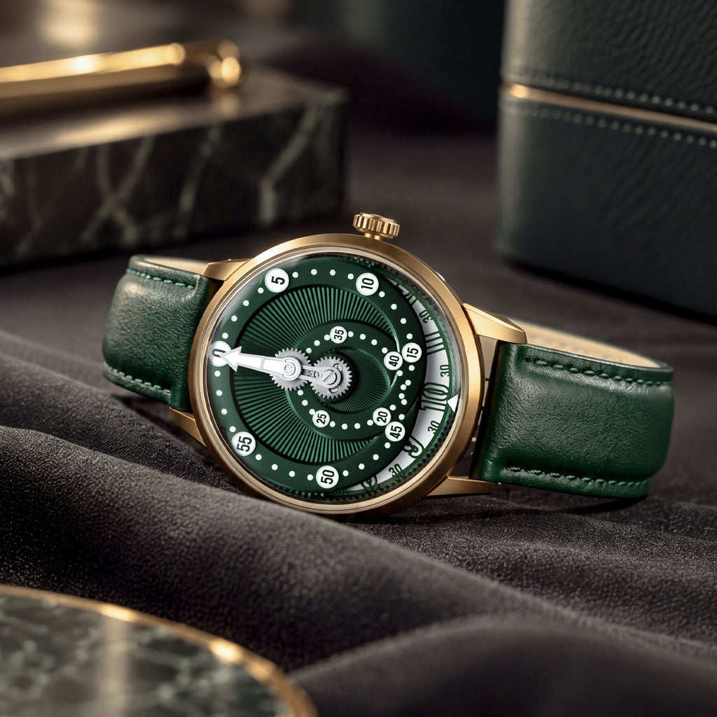 Mandetbrote Orbital Bronze Crush — Lying on fabric beside a green leather box, seen in three-quarter view, available at IFL Watches.