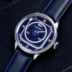 Mandetbrote Orbital II Blue — Resting on a dark starry backdrop, seen in three-quarter view, available at IFL Watches.