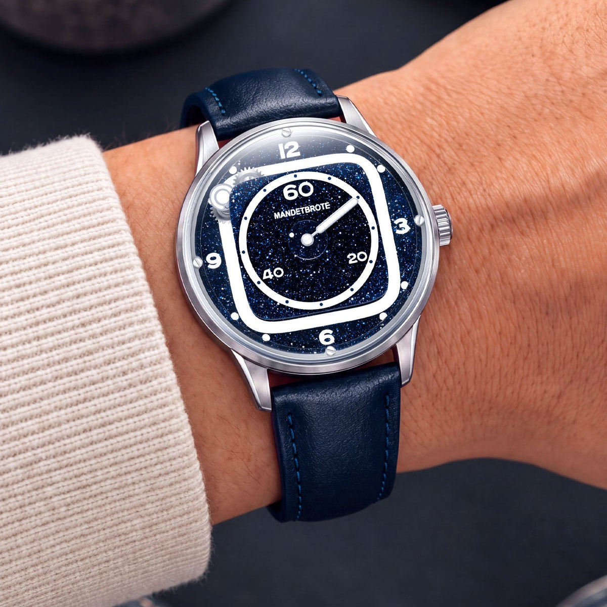 Mandetbrote Orbital II Blue — Worn on wrist at an angle, showing the aventurine sparkle, available at IFL Watches.