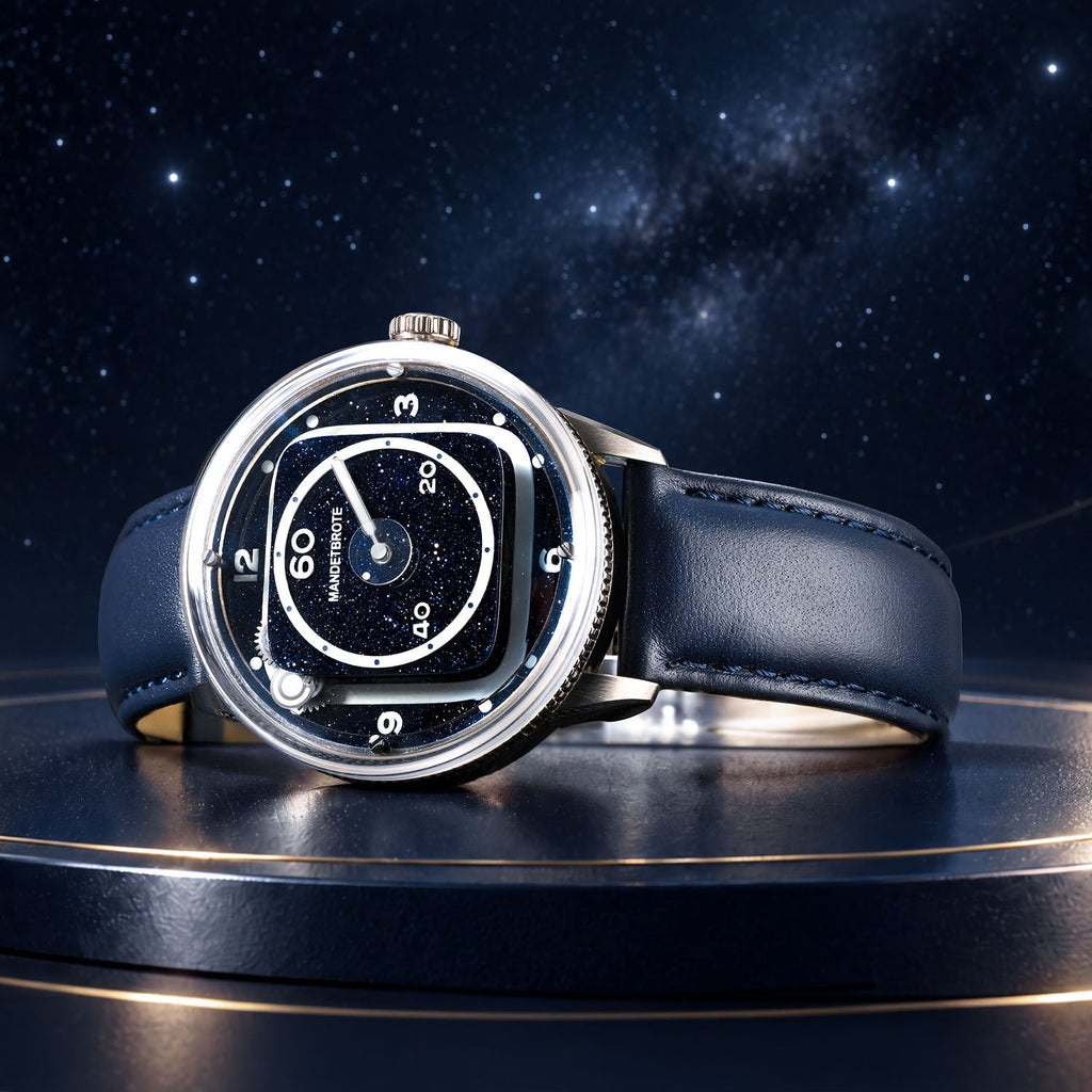 Mandetbrote Orbital II Blue — Standing on a platform beneath a Milky Way backdrop, available at IFL Watches.