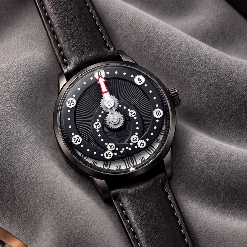 Mandetbrote Orbital Midnight Black — Resting on grey velvet, showing the white hour disc, available at IFL Watches.