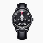 Mandetbrote Orbital Midnight Black — Front view of the black dial with geared minute arm, looping minute track and hour window at six, 41.2mm black DLC steel case on black leather strap, available at IFL Watches.