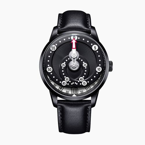 Mandetbrote Orbital Midnight Black — Front view of the black dial with geared minute arm, looping minute track and hour window at six, 41.2mm black DLC steel case on black leather strap, available at IFL Watches.
