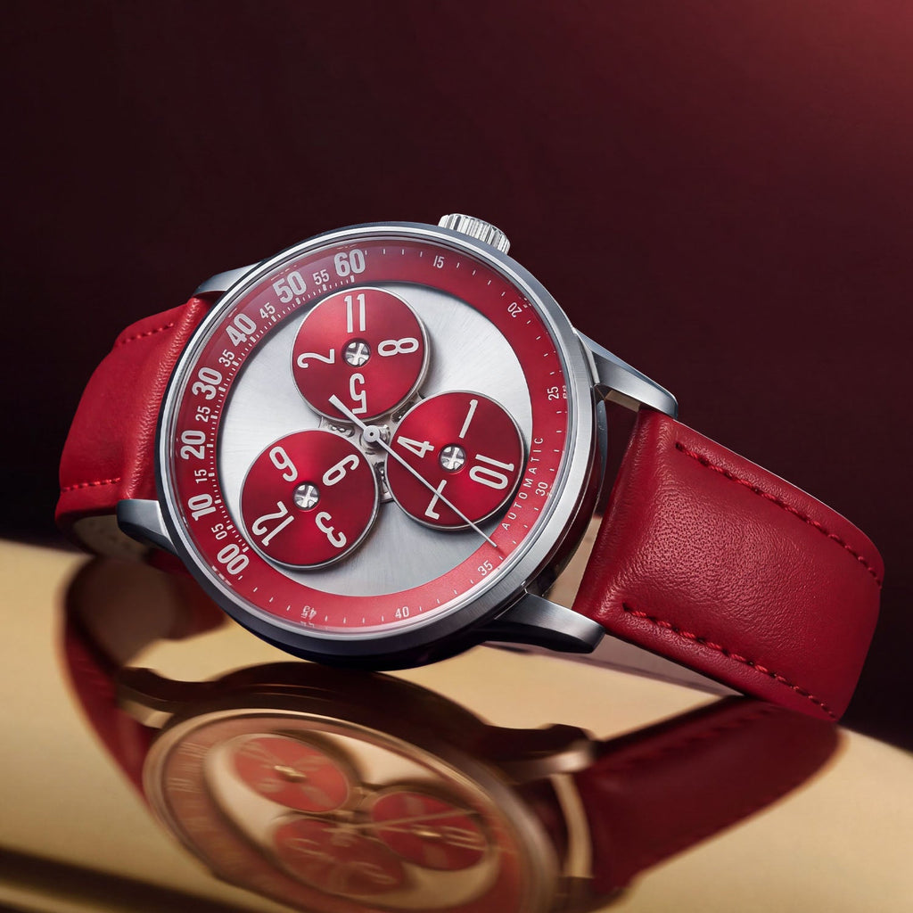 Mandetbrote Wandering Hour Burgundy — Angled on a reflective surface, showing the case and crown, available at IFL Watches.