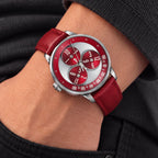 Mandetbrote Wandering Hour Burgundy — Worn on wrist with a hand in pocket, seen from a relaxed angle, available at IFL Watches.