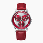 Mandetbrote Wandering Hour Burgundy — Front view of the burgundy and silver dial with three rotating hour discs and arched minute track, 41.2mm steel case on burgundy leather strap, available at IFL Watches.