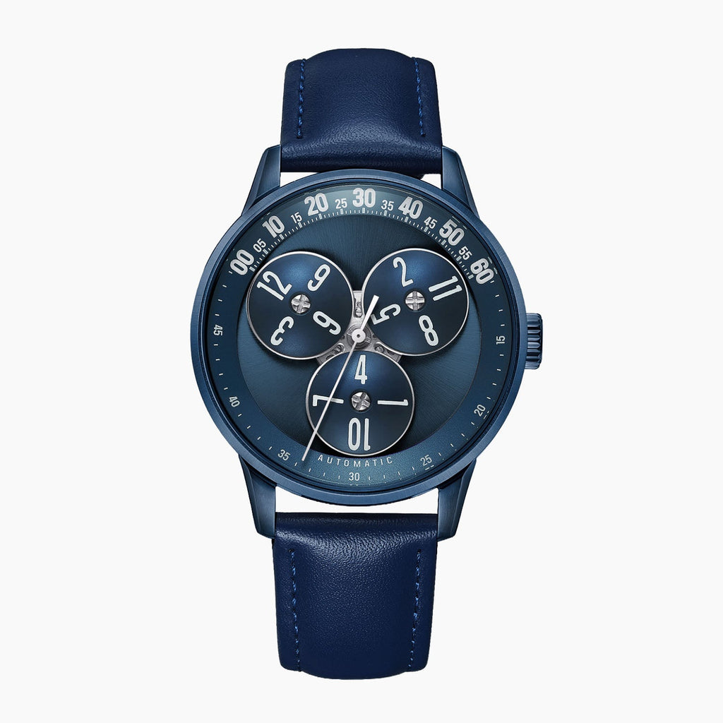 Mandetbrote Wandering Hour Dark Blue — Front view of the dark blue dial with three rotating hour discs and arched minute track, 41.2mm blue case on blue leather strap, available at IFL Watches.