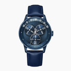 Mandetbrote Wandering Hour Dark Blue — Front view of the dark blue dial with three rotating hour discs and arched minute track, 41.2mm blue case on blue leather strap, available at IFL Watches.