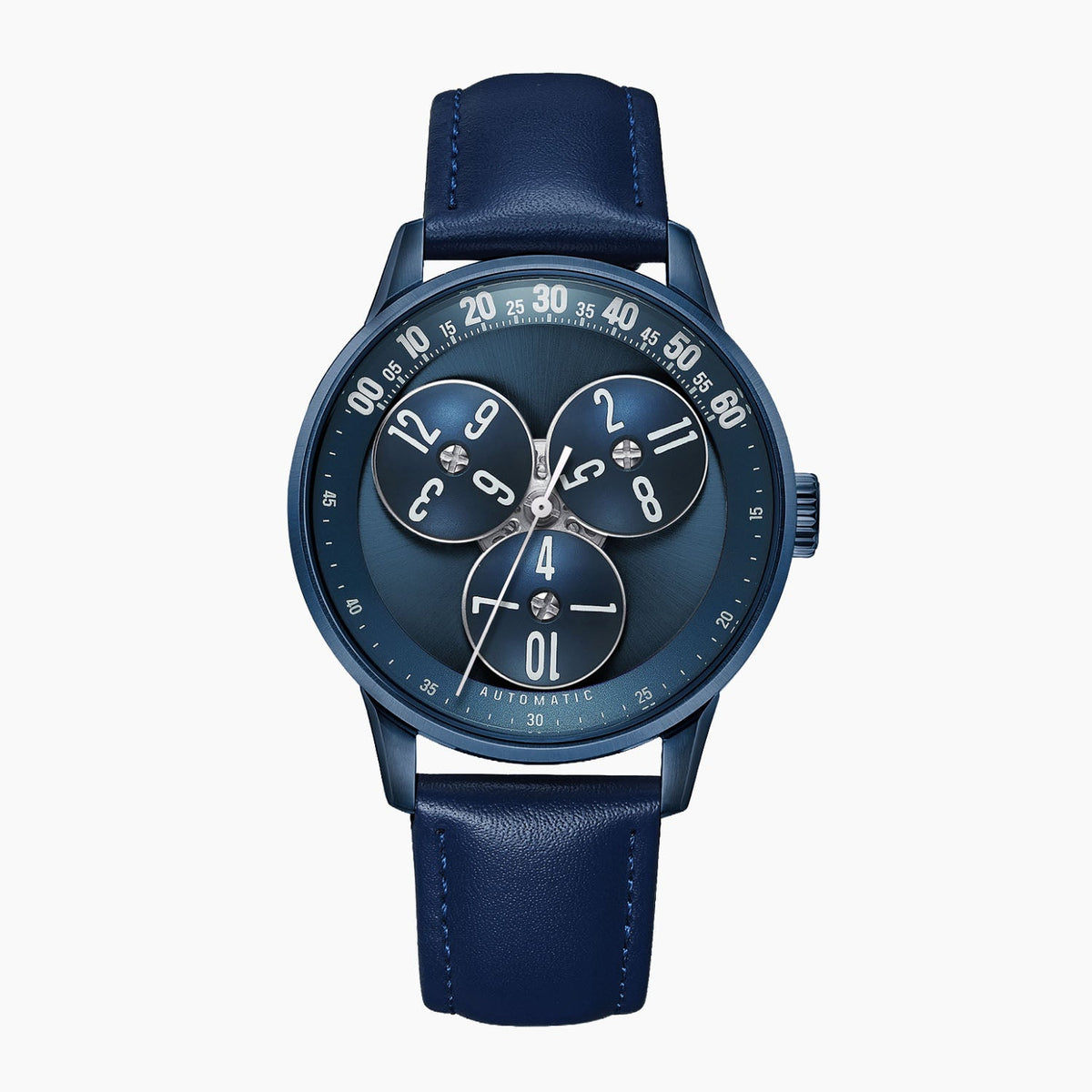 Mandetbrote Wandering Hour Dark Blue — Front view of the dark blue dial with three rotating hour discs and arched minute track, 41.2mm blue case on blue leather strap, available at IFL Watches.