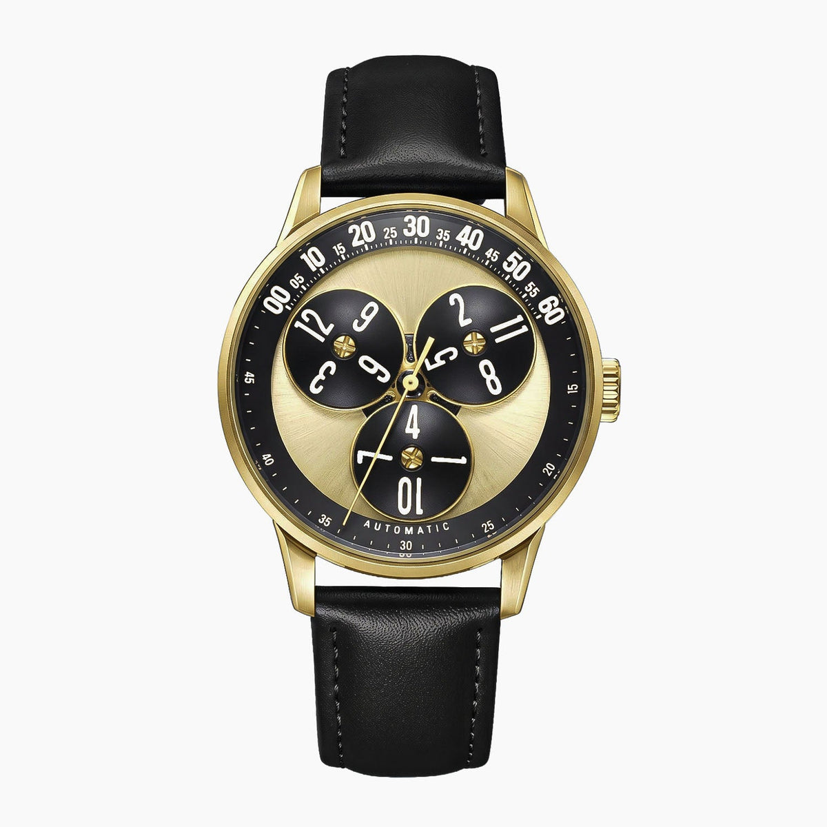Mandetbrote Wandering Hour Gold — Front view of the gold and black dial with three rotating hour discs and arched minute track, 41.2mm gold-tone case on black leather strap, available at IFL Watches.