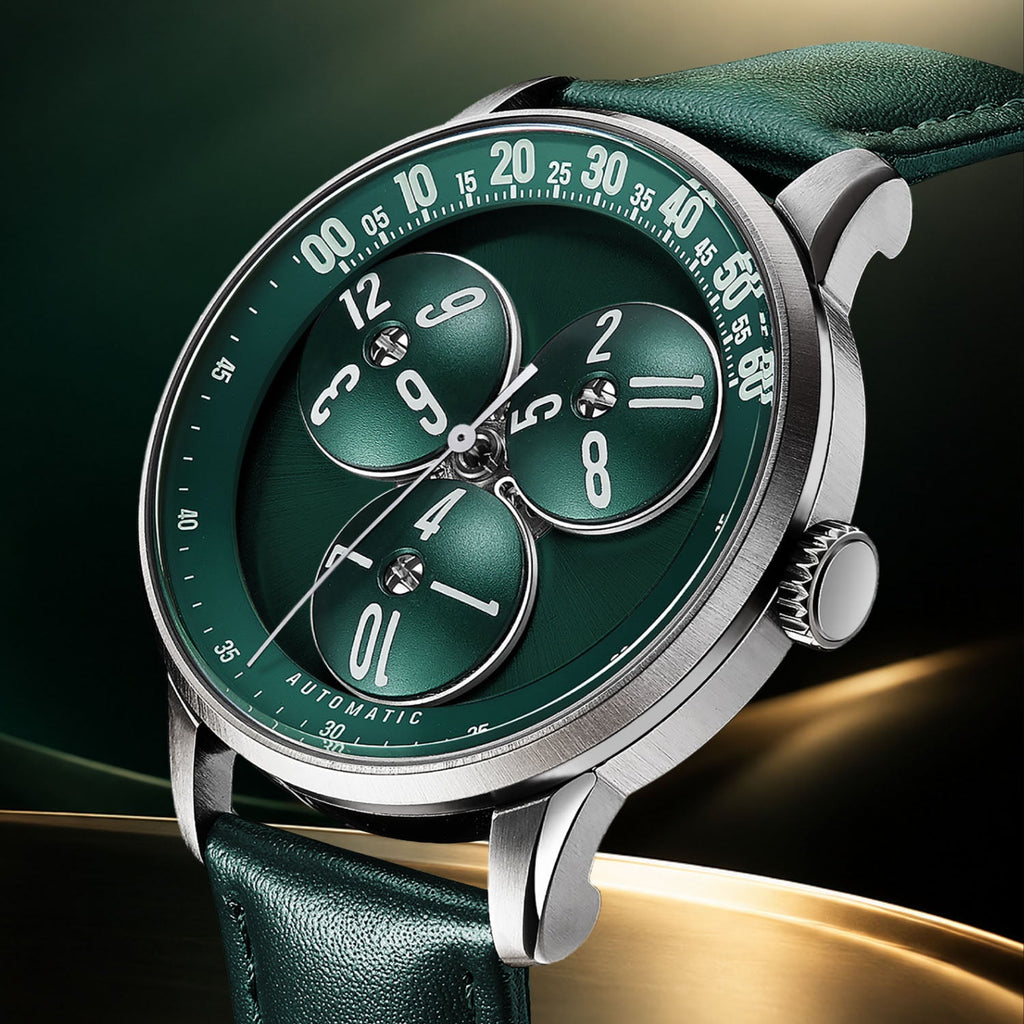 Mandetbrote Wandering Hour Green — Close three-quarter view of the hour discs travelling along the minute arc, available at IFL Watches.