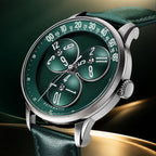 Mandetbrote Wandering Hour Green — Close three-quarter view of the hour discs travelling along the minute arc, available at IFL Watches.