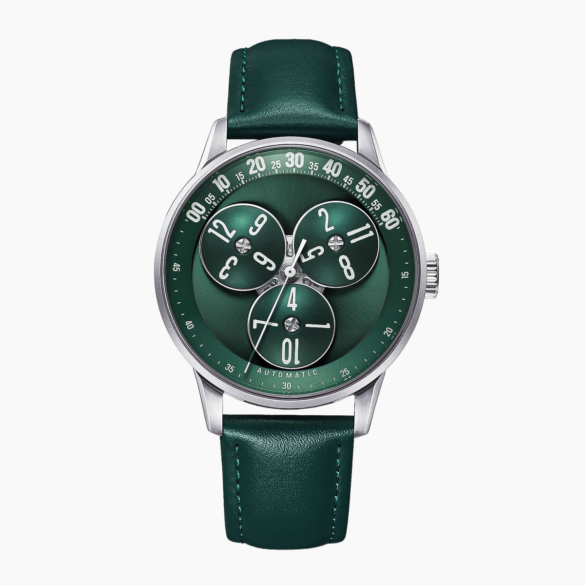 Mandetbrote Wandering Hour Green — Front view of the green sunray dial with three rotating hour discs and arched minute track, 41.2mm steel case on green leather strap, available at IFL Watches.