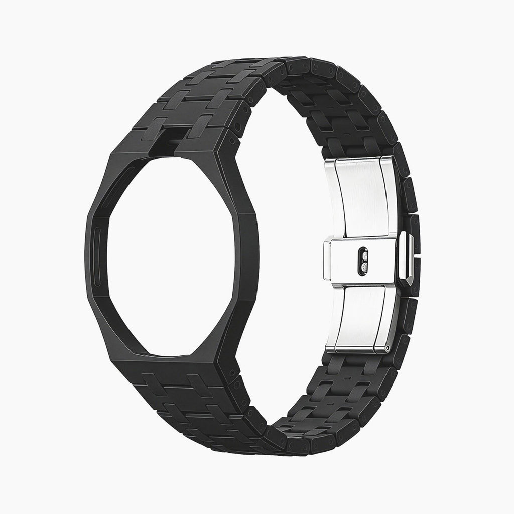 Ocho Negro Swatch × AP Royal Pop Ceramic Case-Strap — bare stealth black ceramic bracelet with empty case bracket, front view, by IFL Watches