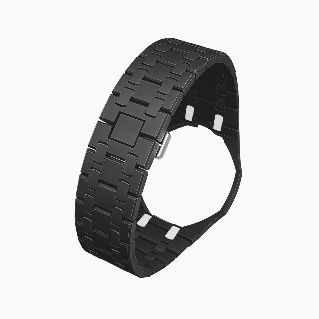 Ocho Negro Swatch × AP Royal Pop Ceramic Case-Strap — bare stealth black ceramic bracelet with empty case bracket, side view, by IFL Watches