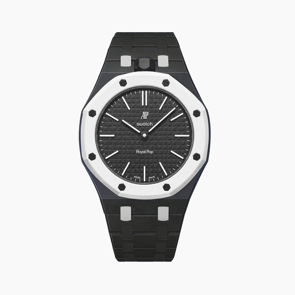 Ocho Negro Swatch × AP Royal Pop Ceramic Case-Strap — stealth black kit with the Royal Pop head seated in the case, by IFL Watches