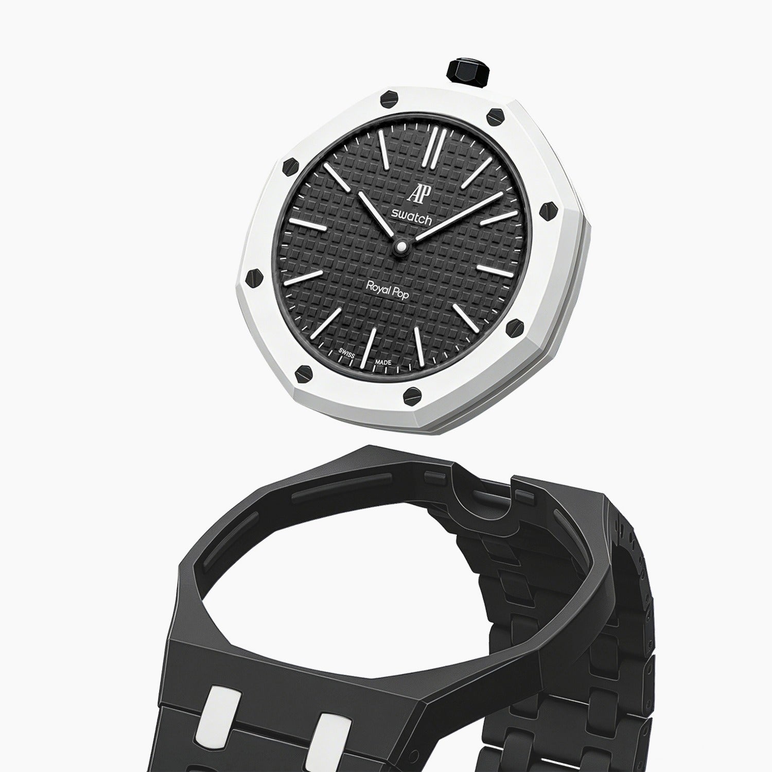 Ocho Negro Swatch × AP Royal Pop Ceramic Case-Strap — case and strap shown separately above the Royal Pop, by IFL Watches