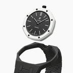 Ocho Negro Swatch × AP Royal Pop Ceramic Case-Strap — case and strap shown separately above the Royal Pop, by IFL Watches