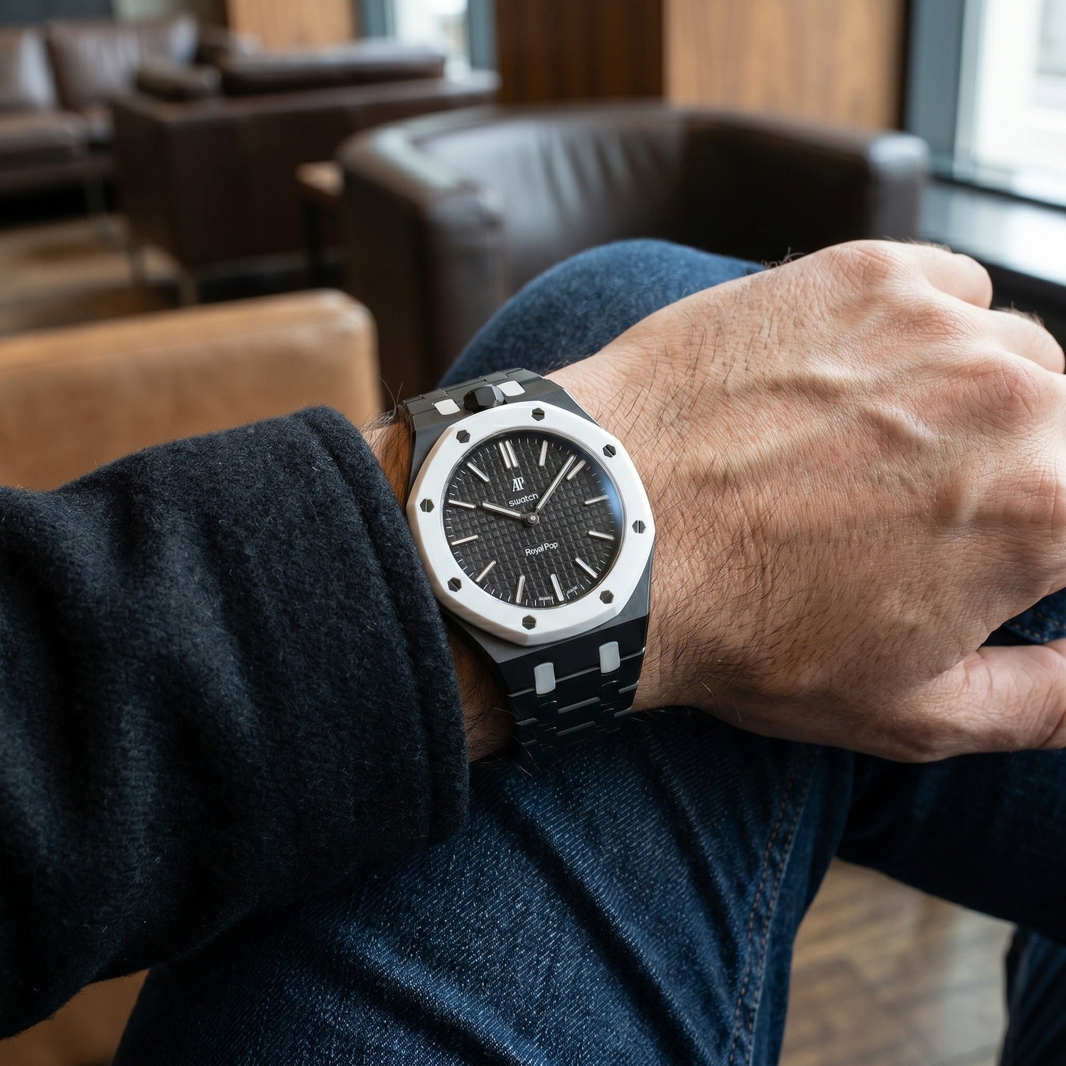 Ocho Negro Swatch × AP Royal Pop Ceramic Case-Strap — worn in a lounge scene, by IFL Watches
