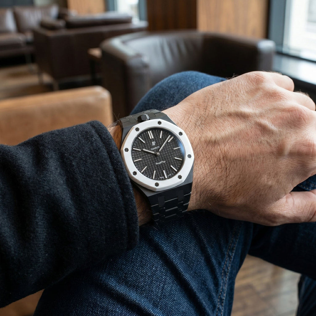 Ocho Negro Swatch × AP Royal Pop Ceramic Case-Strap — worn in a lounge scene, by IFL Watches