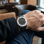 Ocho Negro Swatch × AP Royal Pop Ceramic Case-Strap — worn in a lounge scene, by IFL Watches