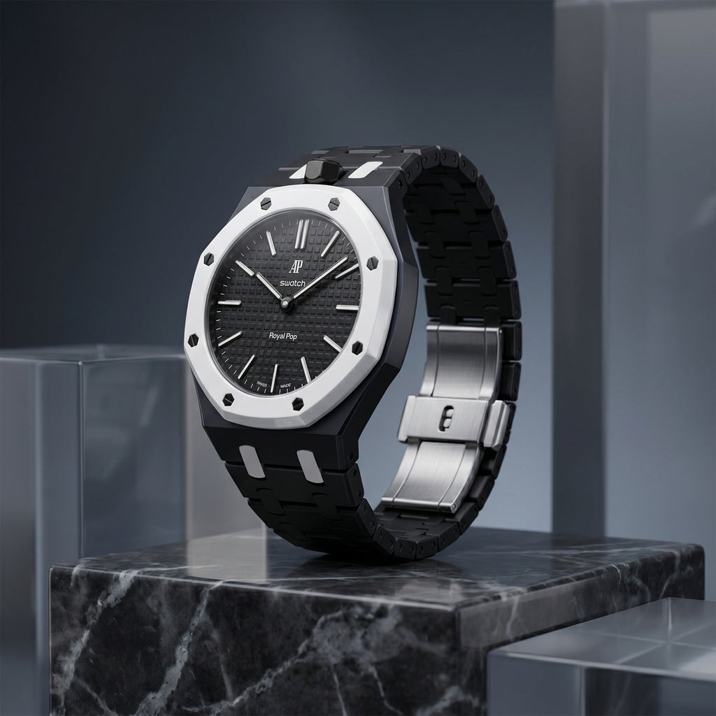 Ocho Negro Swatch × AP Royal Pop Ceramic Case-Strap — worn in a marble scene, by IFL Watches