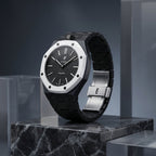 Ocho Negro Swatch × AP Royal Pop Ceramic Case-Strap — worn in a marble scene, by IFL Watches