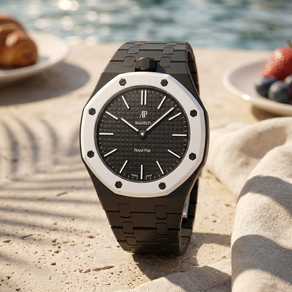Ocho Negro Swatch × AP Royal Pop Ceramic Case-Strap — worn in a poolside scene, by IFL Watches