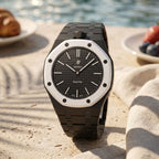 Ocho Negro Swatch × AP Royal Pop Ceramic Case-Strap — worn in a poolside scene, by IFL Watches