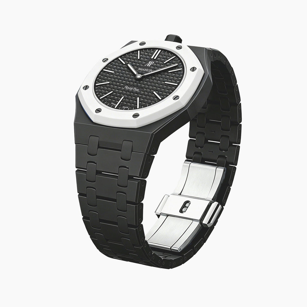 Ocho Negro Swatch × AP Royal Pop Ceramic Case-Strap — the Royal Pop Ocho Negro seated in our ceramic kit, three-quarter view, by IFL Watches