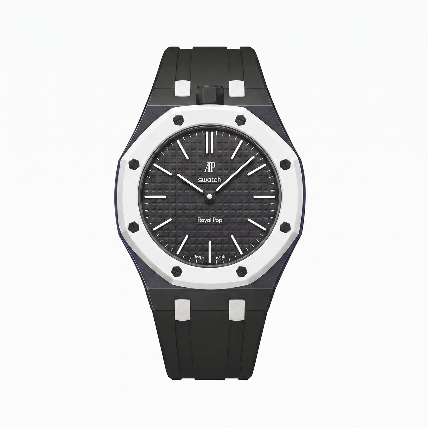 Ocho Negro Swatch × AP Royal Pop Rubber Case-Strap — stealth black kit with the Royal Pop head seated in the case, by IFL Watches