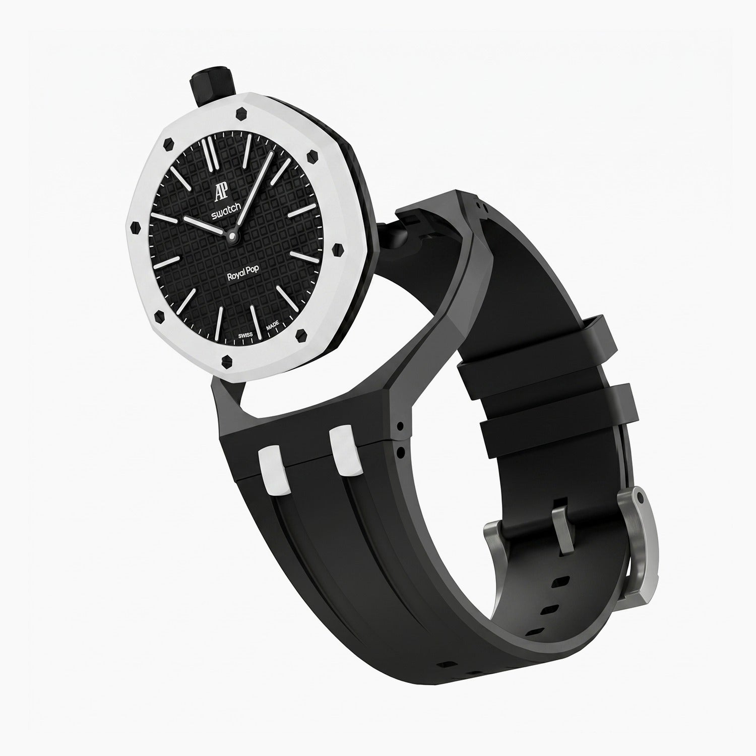 Ocho Negro Swatch × AP Royal Pop Rubber Case-Strap — case and strap shown separately above the Royal Pop, by IFL Watches