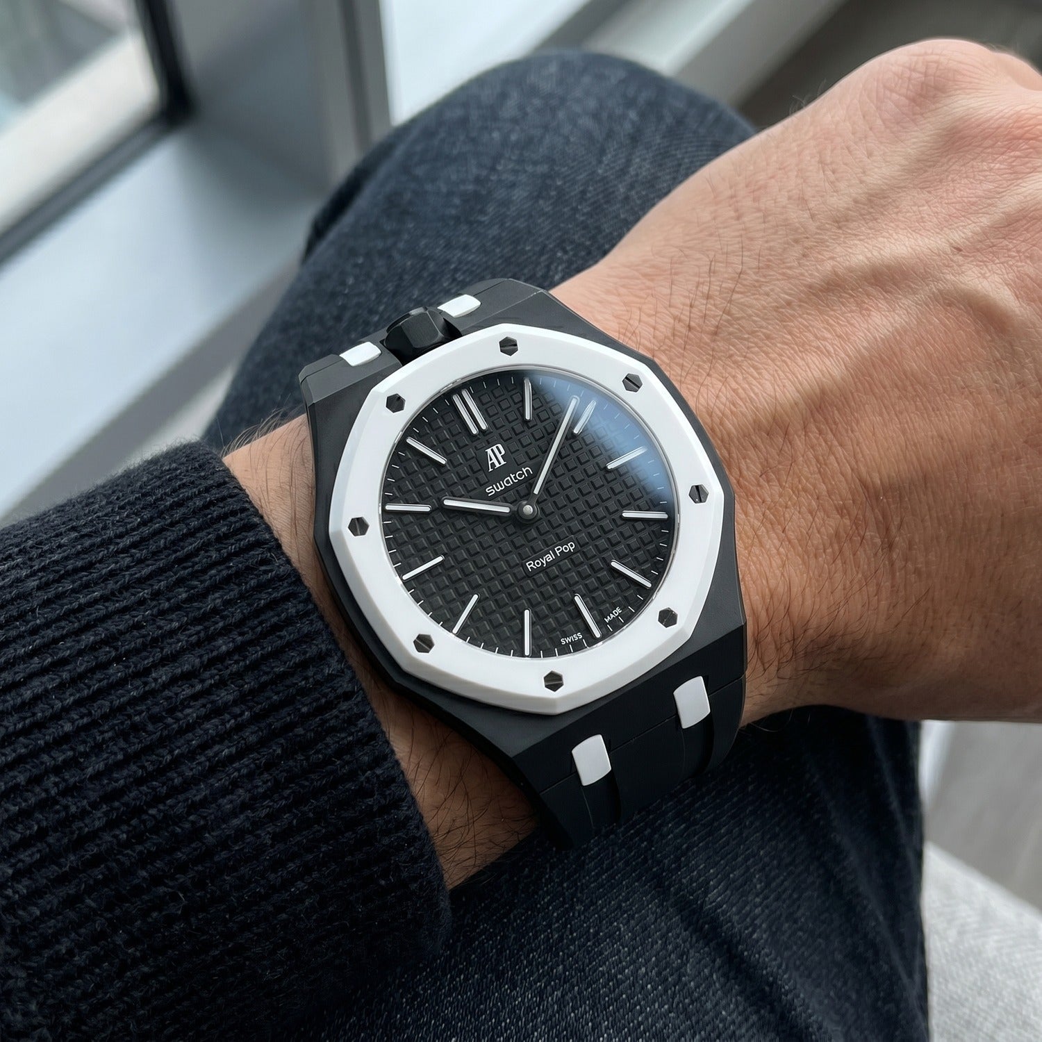 Ocho Negro Swatch × AP Royal Pop Rubber Case-Strap — worn in a everyday scene, by IFL Watches