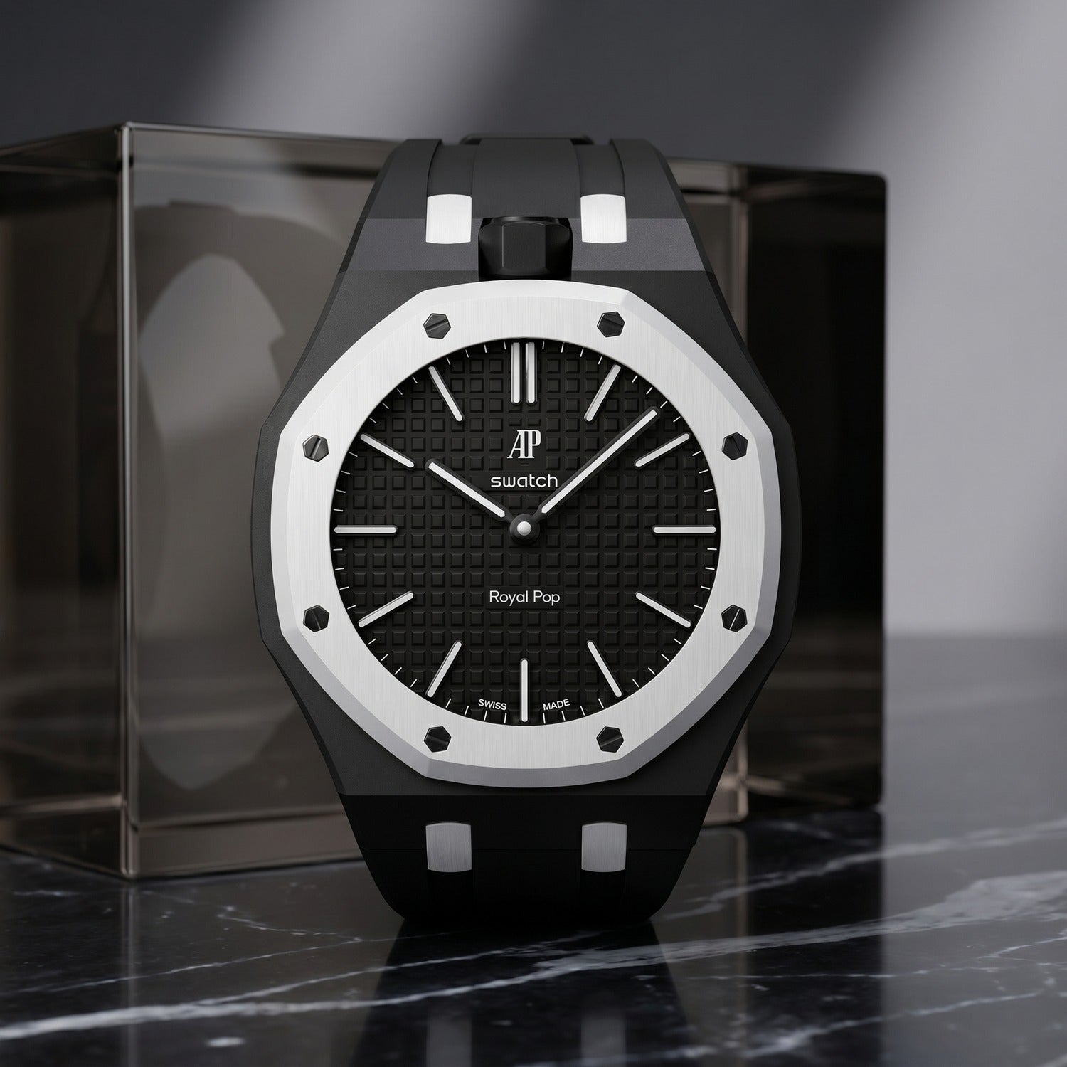 Ocho Negro Swatch × AP Royal Pop Rubber Case-Strap — worn in a marble scene, by IFL Watches