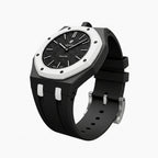 Ocho Negro Swatch × AP Royal Pop Rubber Case-Strap — the Royal Pop Ocho Negro seated in our rubber kit, three-quarter view, by IFL Watches