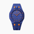 Orenji Hachi Swatch × AP Royal Pop Ceramic Case-Strap — deep navy with orange accents kit with the Royal Pop head seated in the case, by IFL Watches
