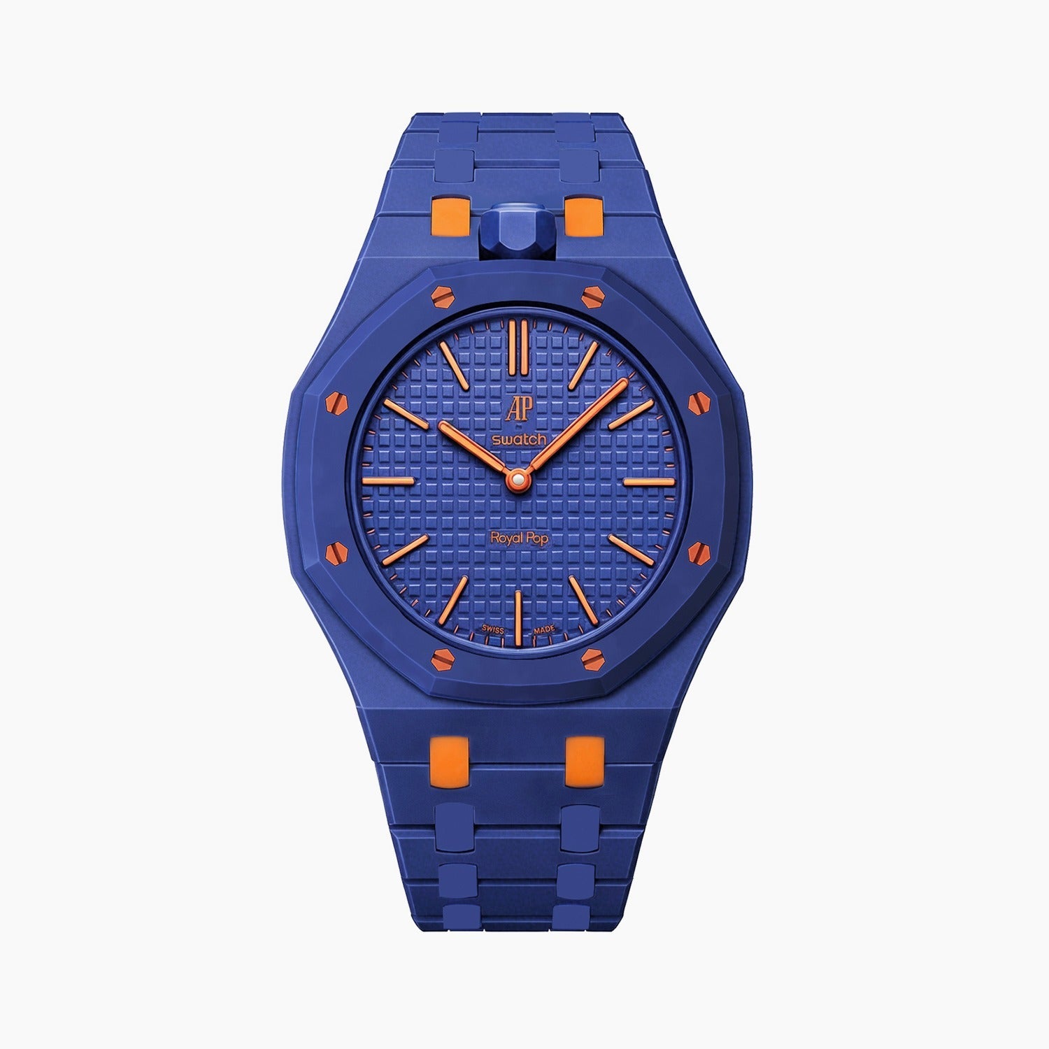Orenji Hachi Swatch × AP Royal Pop Ceramic Case-Strap — deep navy with orange accents kit with the Royal Pop head seated in the case, by IFL Watches