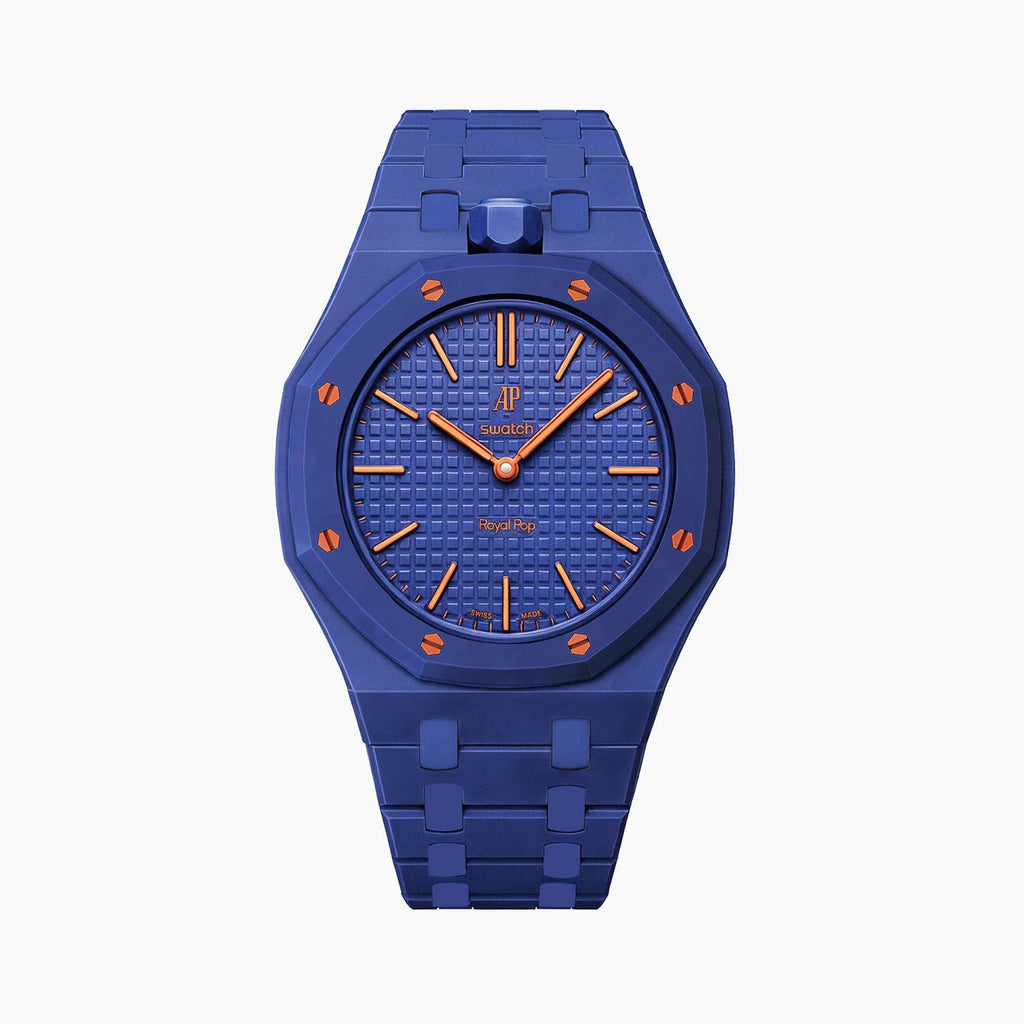 Orenji Hachi Swatch × AP Royal Pop Bioceramic Case-Strap — deep navy with orange accents kit with the Royal Pop head seated in the case, by IFL Watches