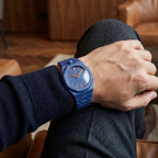 Orenji Hachi Swatch × AP Royal Pop Bioceramic Case-Strap — worn in a lounge scene, by IFL Watches