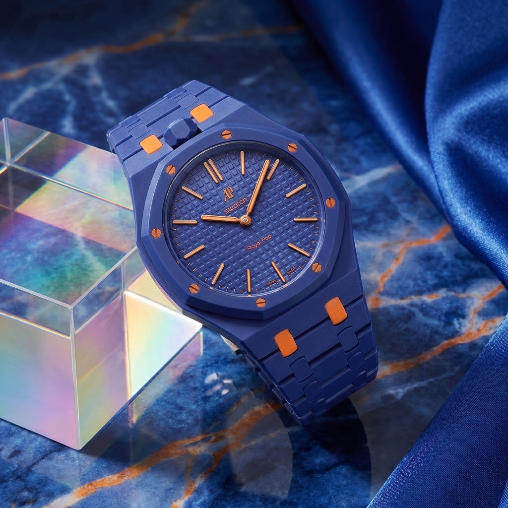 Orenji Hachi Swatch × AP Royal Pop Ceramic Case-Strap — worn in a marble scene, by IFL Watches