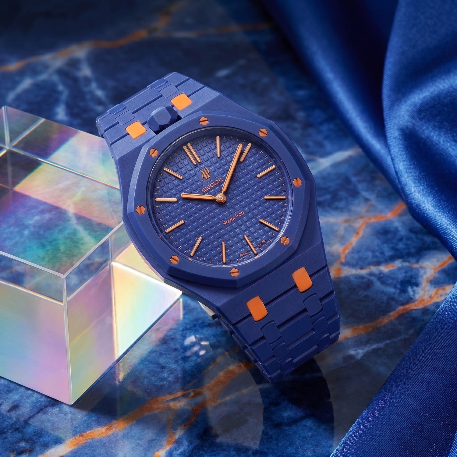 Orenji Hachi Swatch × AP Royal Pop Ceramic Case-Strap — worn in a marble scene, by IFL Watches