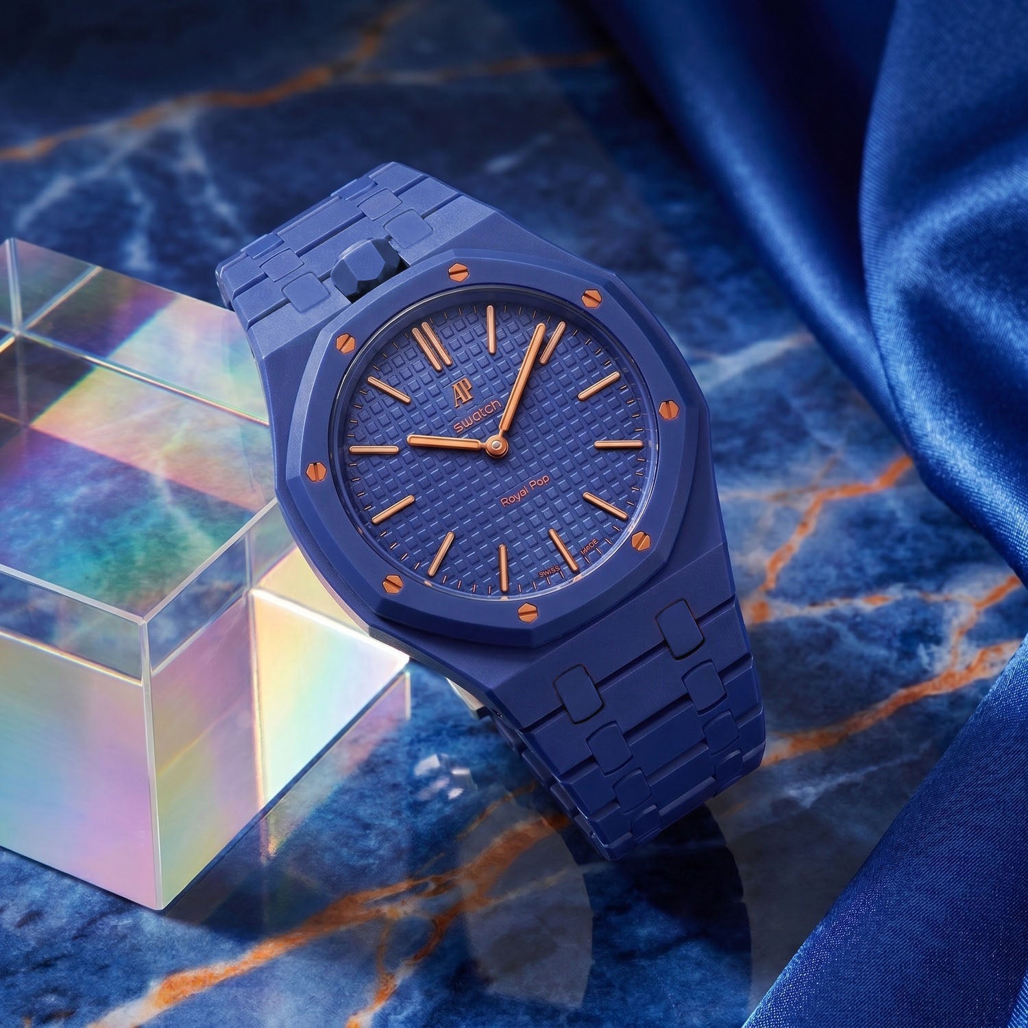 Orenji Hachi Swatch × AP Royal Pop Ceramic Case-Strap — worn in a marble scene, by IFL Watches