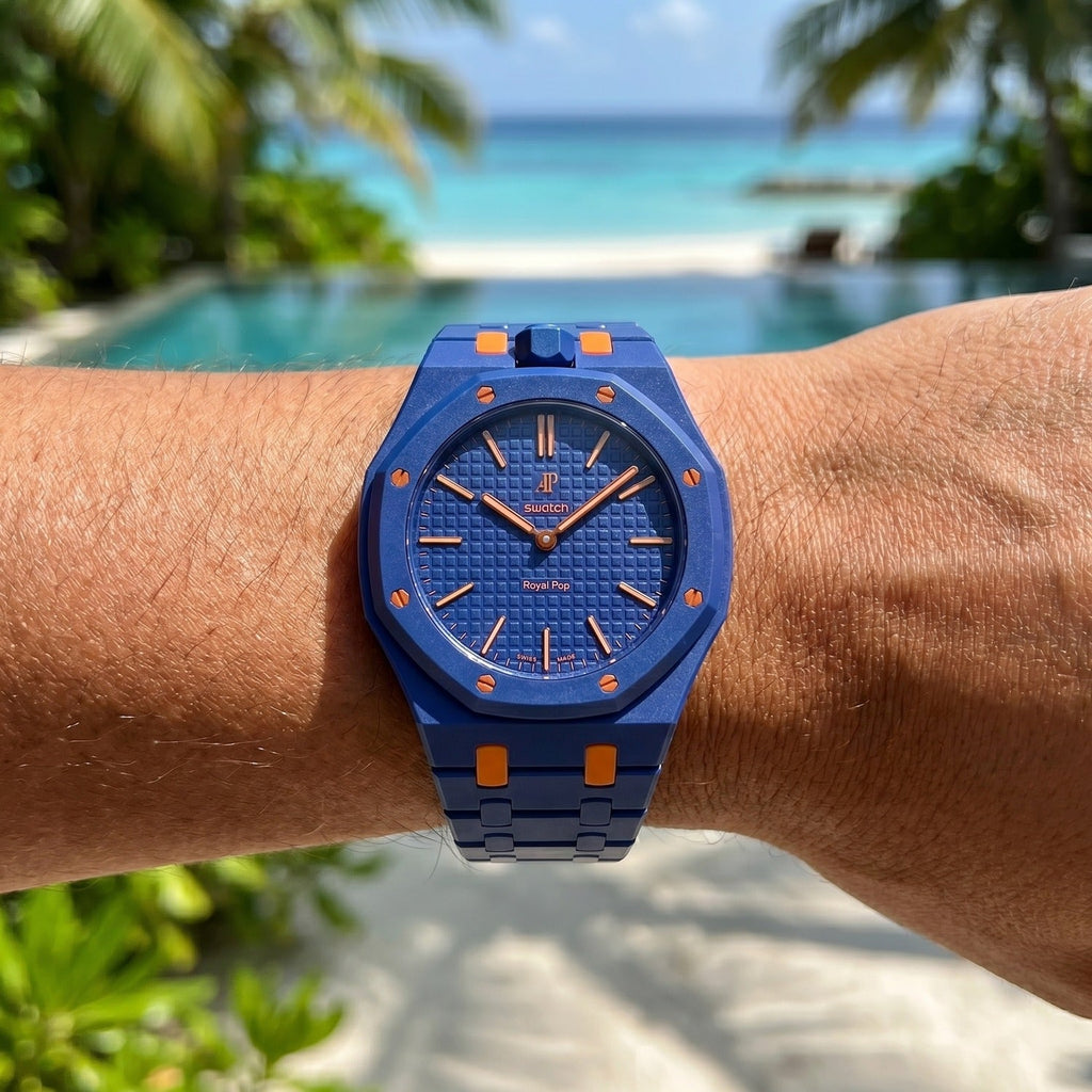 Orenji Hachi Swatch × AP Royal Pop Ceramic Case-Strap — worn in a poolside scene, by IFL Watches