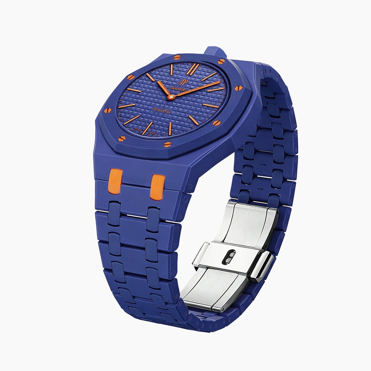 Orenji Hachi Swatch × AP Royal Pop Ceramic Case-Strap — the Royal Pop Orenji Hachi seated in our ceramic kit, three-quarter view, by IFL Watches